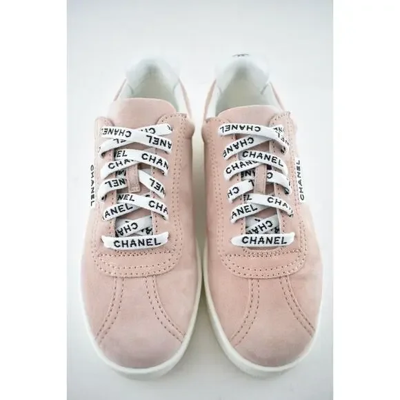 Chanel 20S Weekender Pink Suede CC Logo Laces Low Top Flat Runner Sneaker 42 - Picture 7 of 12